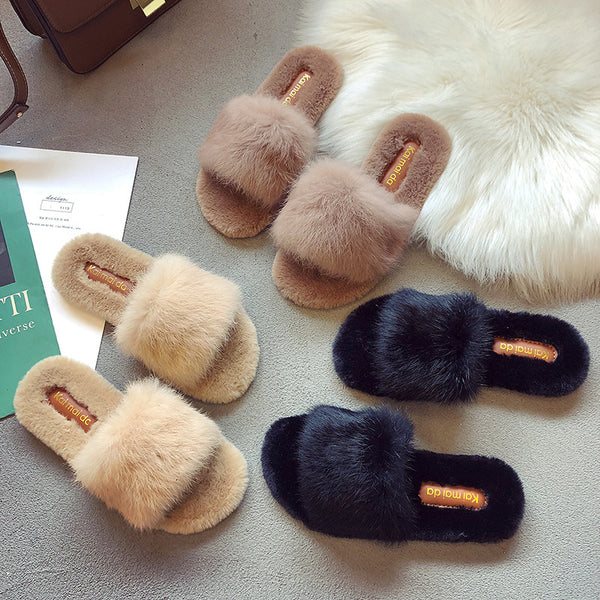 Fashionable Korean Style Plush Slippers For Women Outside Wear Flip Flops