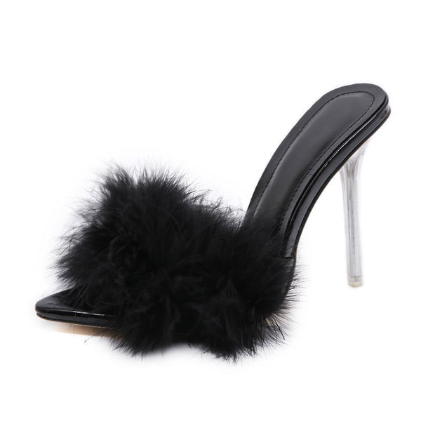 Pointed hairy high-heeled slippers