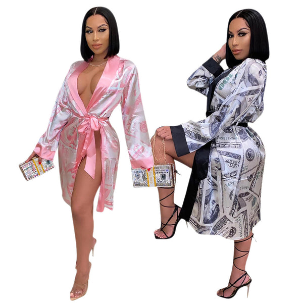 Silky Dollar Bill Printing Ladies Casual Sexy Loose Pajamas Dress Jacket Skirt