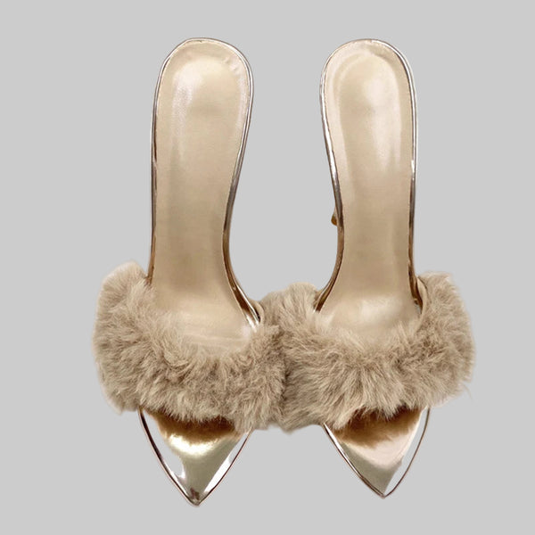 Women Super High Heel 12CM Furry Slippers Faux Fur Slip-on Summer Gold Nightclub Shoes Sexy Pointy Toe Sandals For Woman Size 46