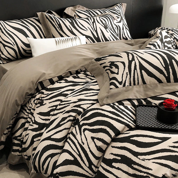 Light Luxury Retro Zebra Pattern Brushed Bed 4pcs Set 100S Long-staple Cotton Autumn and Spring Thickened Satin Bedding Set