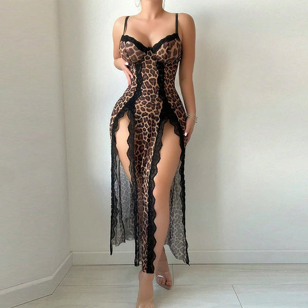 Sexy Adult Lingerie Female V-Neck Nightdress See Through High Split Pajama Dress Leopard Print Sleepwear Lace Trim Evening Dress