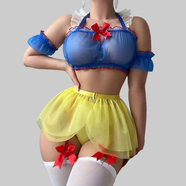 Ellolace Erotic Cosplay Sexy Costume Transparent Mesh Role Play Outfit Frill Trim Onlyfans Disguise Garter Belt Exotic Sets