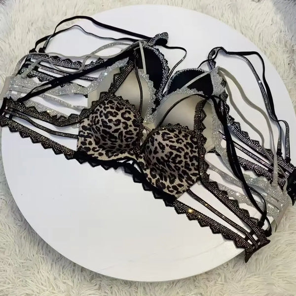 （Bralette For Small Breasts) New Rhinestone Leopard Print Thickened Lingerie Small Breasts Gathering Hollow Out Women's Bra Set