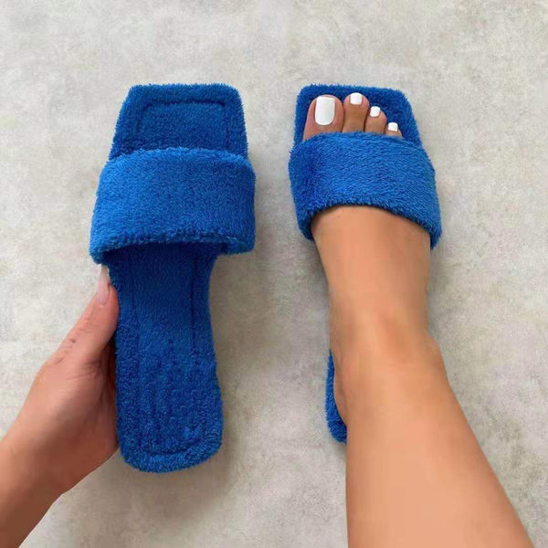 Flat-bottomed Casual Square-toed Suede Spot One-line Slippers