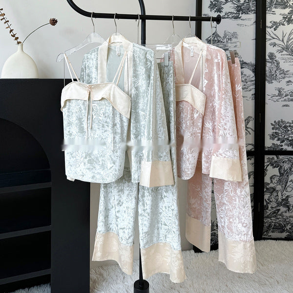 Women's Fall Long Sleeve With Chest Pad Gold Velvet Pajamas Three-piece Set